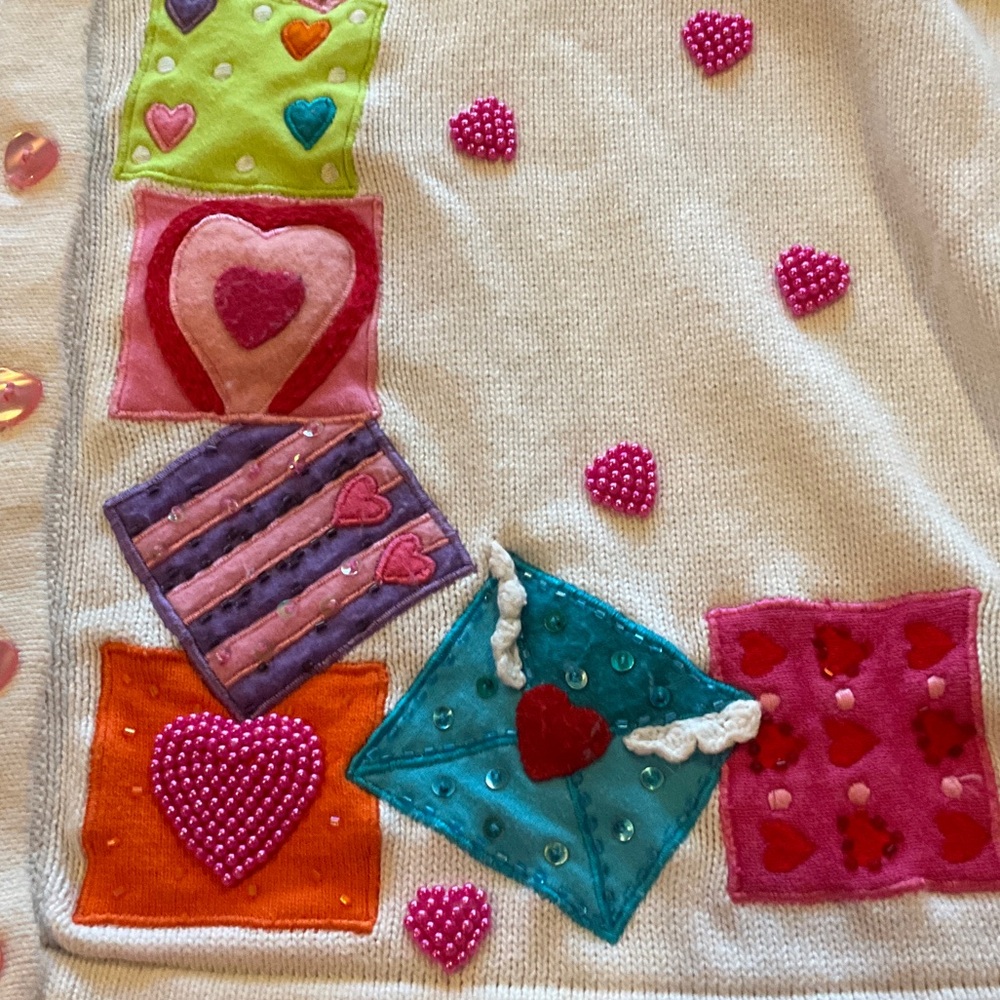 Jack B. Quick large embroidered sequined pearled Valentine cardigan sweater - Picture 9 of 15